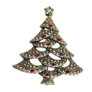 Avon Vintage Red Rhinestones Christmas Tree Brooch Marcasite Next Day Ship
